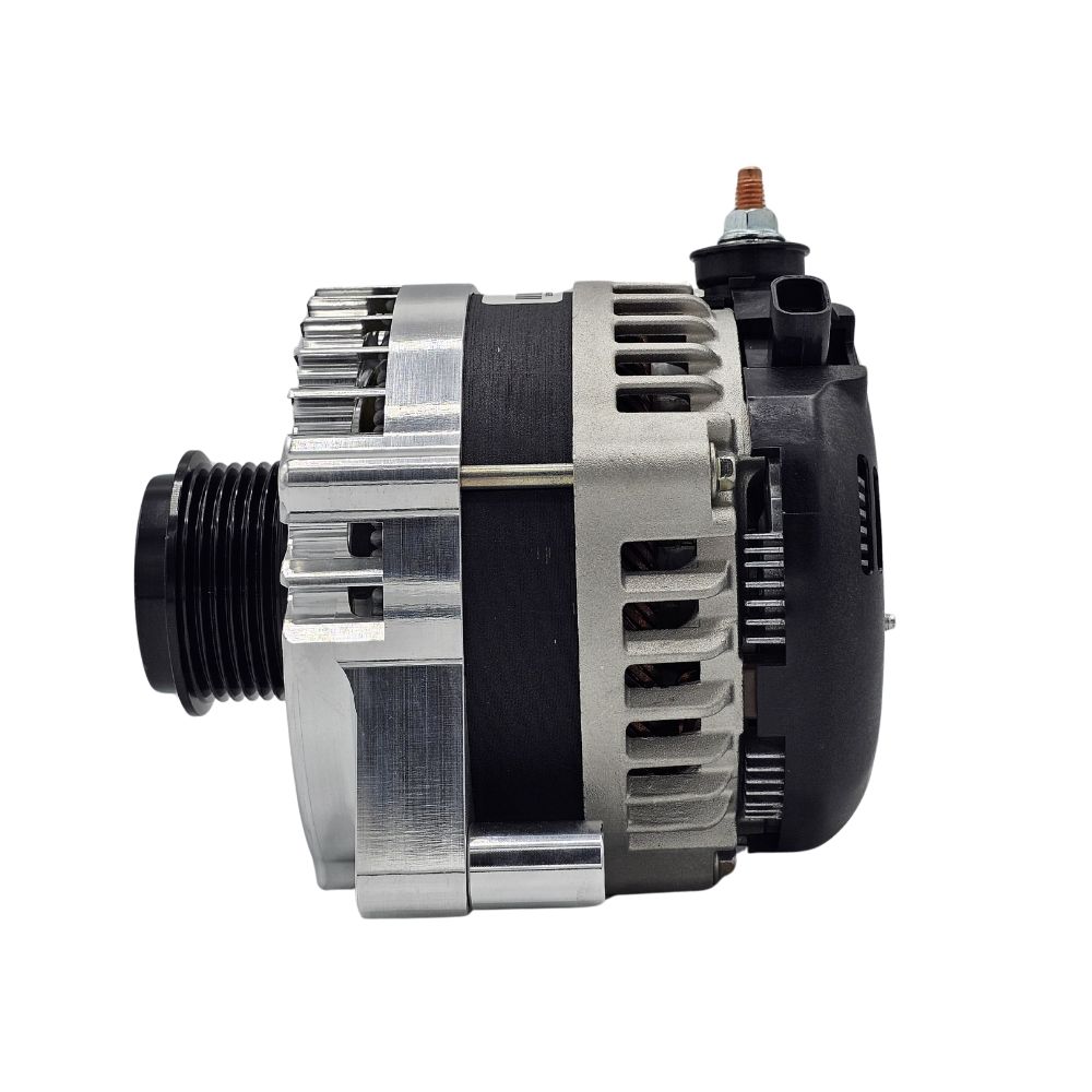 SBC-GM2-390XP-C alternator installed in GM Vortec engine bay with OEM fitment"